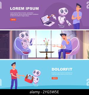 smart bot. AI talking and helping people KW vector banners template with conversation from smart intellect robot talking with people Stock Vector