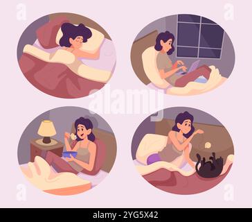 Woman in bed. People sleeping and relaxing in bed or sofa watching tv reading and dreaming exact vector characters in action poses Stock Vector