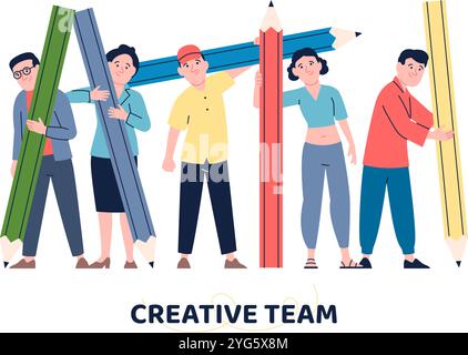 Tiny people with giant pencils. Cute young adults characters, designers, illustrators, painters, writers group. Creative team vector set Stock Vector