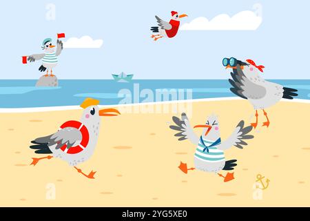 Funny seagulls. Cartoon seagull on ocean beach looking in binocular in sea, marine birds run, flying, stand on stone in water with flags. Vector Stock Vector