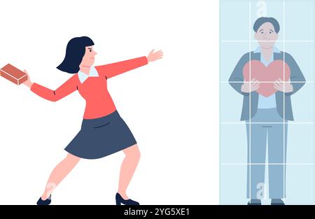 Fear of new relationships. Woman with brick wont broken wall behind which man with heart stands. Support, recovering after love, vector scene Stock Vector