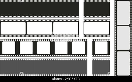 Retro film frames and ribbon. Blank film stripes isolated in white. Cinema or photo elements, slides for analog camera. Black frames vector seamless Stock Vector