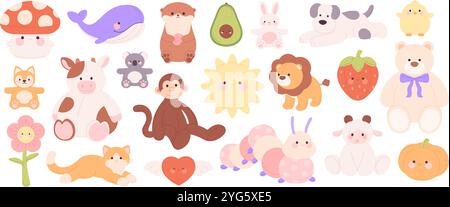 Plush stuffed toys. Textile animals, fabric avocado pumpkin heart mushroom sunny flower. Funny bear monkey cow koala whale, racy vector clipart Stock Vector