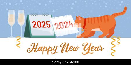 Cat tearing the calendar page and Happy New Year party, holiday and celebration concept Stock Vector