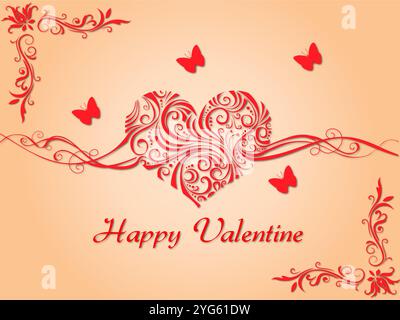 Red heart with butterflies on it. The heart is surrounded by a red border. The text says Happy Valentine Stock Vector