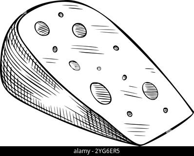 Cheese vector illustration. Linear drawing with wedge of gouda painted by black inks on isolated background. Line art of Dairy product for cookbook and recipe. Monochrome sketch of food for culinary. Stock Vector