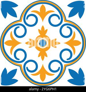Elegant and intricate quatrefoil design with blue and gold arabesque pattern, perfect for ceramic tiles, textile prints, or decorative wallpapers Stock Vector