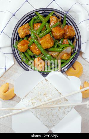 String Beans Tofu & Steamed Rice Stock Photo