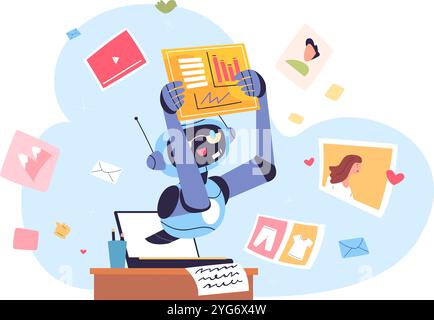 Ai content creation. Artificial intelligence automation work in computer cyberspace, social media development art generation robot author or business assistance vector illustration original artwork Stock Vector