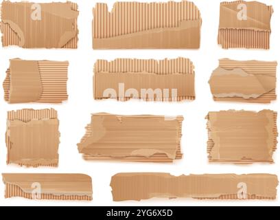 Realistic torn cardboard. Ripped carton scraps, damage cartonization paper texture edge rip sheet piece for collage craft papers note cardboards scrap, exact vector illustration original artwork Stock Vector