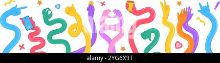 Long flexible hands. Stretched hand holding different items, arm pointing finger various gestures thumbs up weaving twisting elastic abstract arms funny, neat vector illustration original artwork Stock Vector