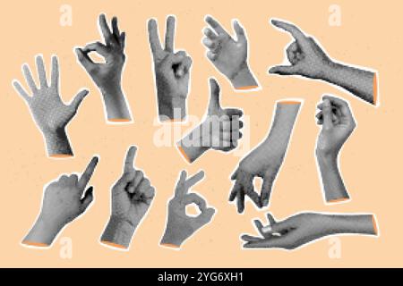 Realistic halftone hands. Hand gestures vintage collage in retro crazy punk grunge posters old newspaper clippings, rebel arm palm finger cut-out dot art, exact vector illustration original artwork Stock Vector