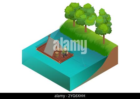 Isometric Travel down the river on a wooden raft. Fisherman catches fish, sits on a wooden raft. Rest and travel. Stock Vector