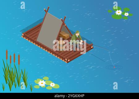Isometric Travel down the river on a wooden raft. Fisherman catches fish, sits on a wooden raft. Rest and travel. Stock Vector