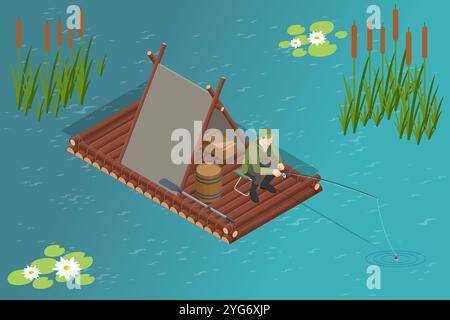 Isometric Travel down the river on a wooden raft. Fisherman catches fish, sits on a wooden raft. Rest and travel. Stock Vector