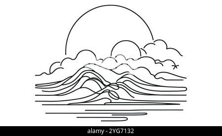 one continuous line drawing of sunset view Stock Vector