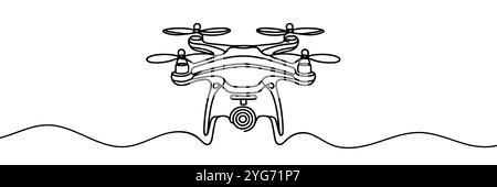 Vector continuous one single line drawing icon of quadcopter camera drone in silhouette on a white background. Stock Vector