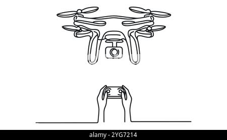 Vector continuous one single line drawing icon of quadcopter camera drone in silhouette on a white background. Stock Vector