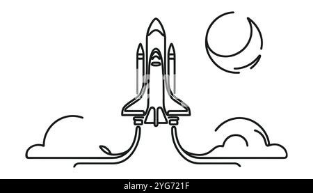 One continuous line drawing of Rocket space ship launch. Stock Vector
