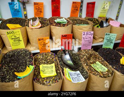 Kislovodsk, Russia - December 02, 2023: Sale of various types of tea on the market of the city of Kislovodsk Stock Photo