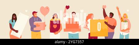 Volunteers group with donations in their hands. Vector illustration Stock Vector
