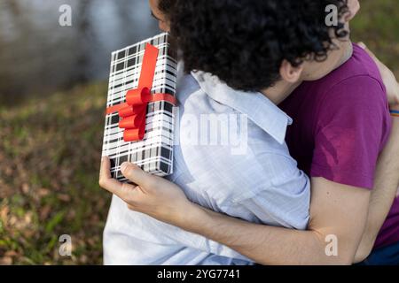 A close-up of a gift as a loving gay couple embraces in a park after exchanging anniversary presents Stock Photo