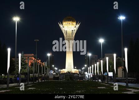 Night landscape with Baiterek Tower in the center of Astana, the capital of Kazakhstan Stock Photo