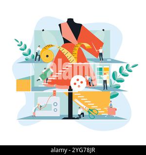 Working people in a sewing workshop concept. Atelier tailoring vector illustration Stock Vector