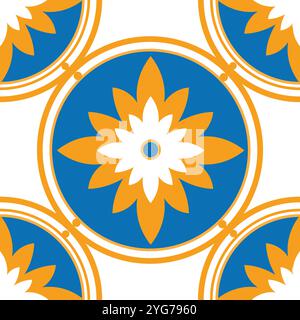 Vibrant and decorative seamless pattern with stylized orange and blue flowers in circles, perfect for versatile applications Stock Vector
