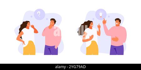 Man and woman thinking on the issue and find the idea. Vector illustration Stock Vector