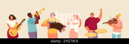 People group playing various musical instruments. Concert and festival vector illustration Stock Vector