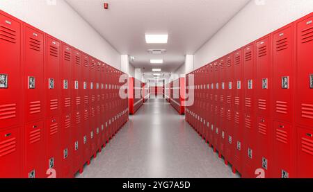 Long corridor red lockers empty high school 3d Stock Photo