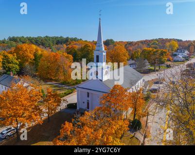 Second Congregational Church aerial view in fall with fall foliage at 289 Main Street in East Douglas village, town of Douglas, Massachusetts MA, USA. Stock Photo