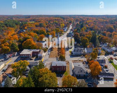 East Douglas historic village center aerial view including Second Congregational Church in fall with fall foliage in town of Douglas, Massachusetts MA Stock Photo