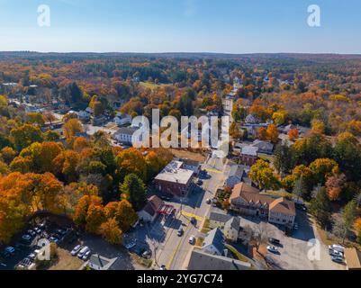 East Douglas historic village center aerial view including Second Congregational Church in fall with fall foliage in town of Douglas, Massachusetts MA Stock Photo