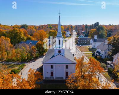 Second Congregational Church aerial view in fall with fall foliage at 289 Main Street in East Douglas village, town of Douglas, Massachusetts MA, USA. Stock Photo