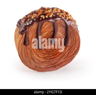 Crème-filled circular croissant covered dark chocolate glaze with crunchy caramel. Round French or New-York Roll croissant isolated on white backgroun Stock Photo