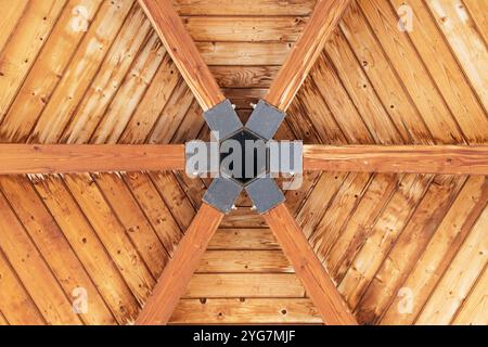 hexagonal shaped wood roof viewed from below Stock Photo