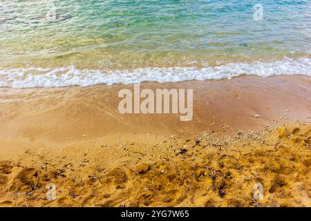 A tranquil beach setting with gentle waves lapping against golden sand under a clear blue sky, evoking a sense of peace and relaxation. Ideal for summ Stock Photo