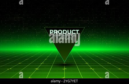 Gaming background for product presenation. Green digital grid flor with dotted wall. Futuristic perspective wireframe with grid line. Stock Vector