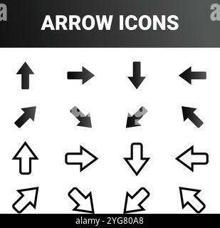 shows various arrow icons arranged in four rows and four columns. Each icon consists of simple geometric shapes like triangles, arranged to form arrow Stock Vector