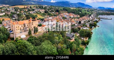 Switzerland travel and landmarks. Lake Neuchatel, aerial drone view of Grandson historic town and medieval castle. Canton Vaud. Stock Photo