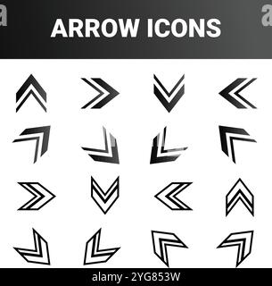shows various arrow icons arranged in four rows and four columns. Each icon consists of simple geometric shapes like triangles, arranged to form arrow Stock Vector