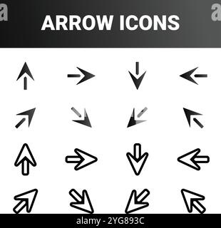 shows various arrow icons arranged in four rows and four columns. Each icon consists of simple geometric shapes like triangles, arranged to form arrow Stock Vector