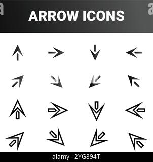 shows various arrow icons arranged in four rows and four columns. Each icon consists of simple geometric shapes like triangles, arranged to form arrow Stock Vector