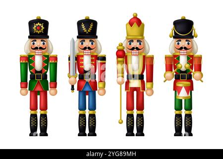 Set of Christmas Nutcracker toys soldier traditional figurine. Realistic Vector illustration in 3D style Stock Vector