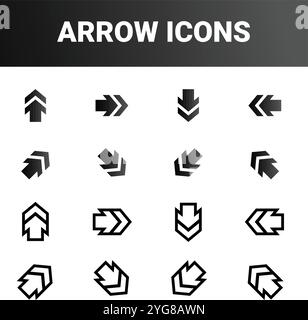 shows various arrow icons arranged in four rows and four columns. Each icon consists of simple geometric shapes like triangles, arranged to form arrow Stock Vector