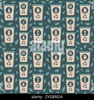 Seamless pattern featuring recycling bins with icons. Stock Vector