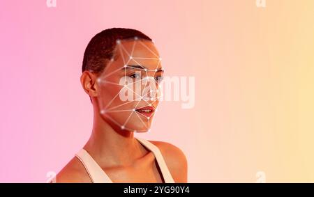 Woman with facial recognition grid model in a vibrant pink backdrop Stock Photo