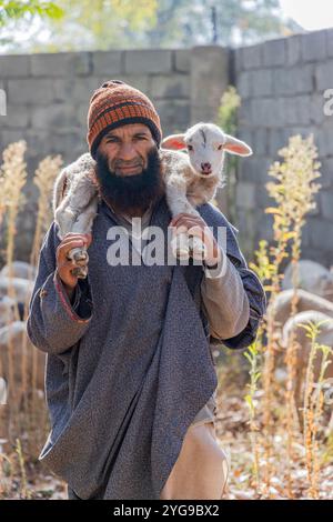 Berna Bugh, Kangan, India. Man carrying a lamb in a village of Jammu and Kashmir. Stock Photo